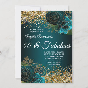 Gold Glitter Teal Blue Floral Glam 50 & Fabulous Invitation
