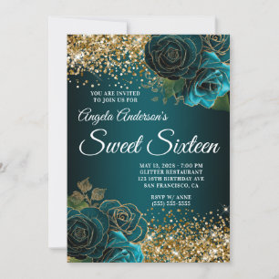 Gold Glitter Teal Blue Floral Glam Sweet Sixteen Invitation