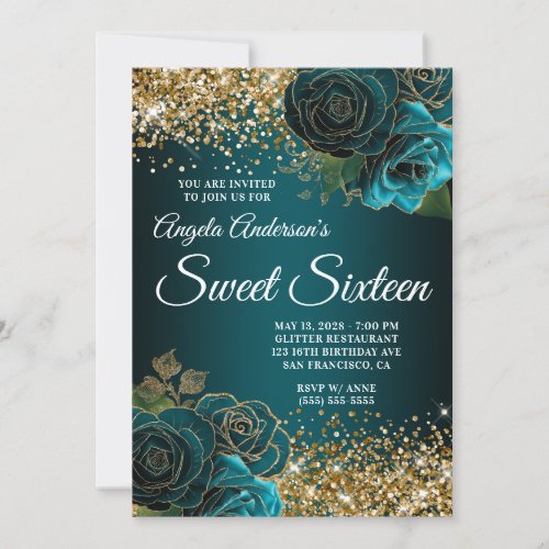 Gold Glitter Teal Blue Floral Glam Sweet Sixteen Invitation