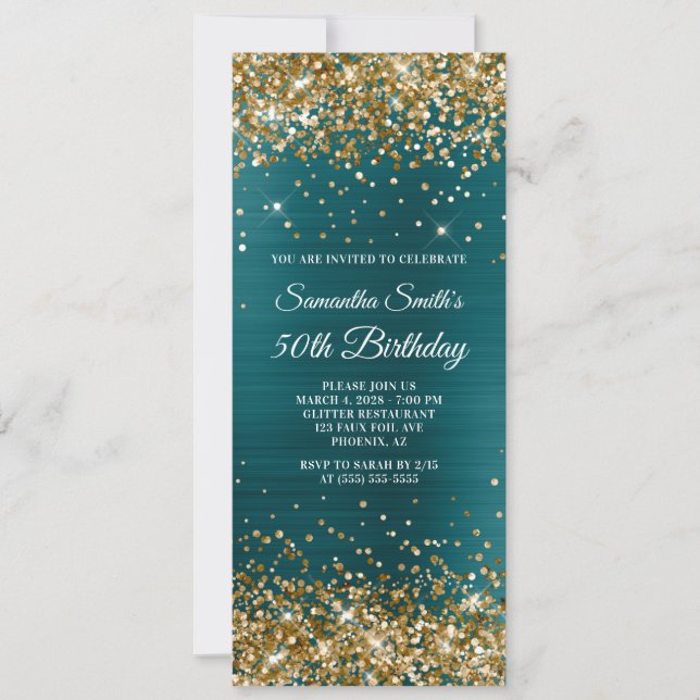 Gold Glitter Teal Blue Foil 50th Birthday Invitation (Front)