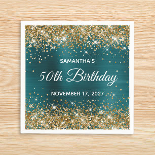 Gold Glitter Teal Blue Foil 50th Birthday Napkins