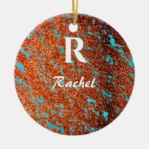 Gold Glitter Teal Blue Monogram Initial Name Cute Ceramic Ornament