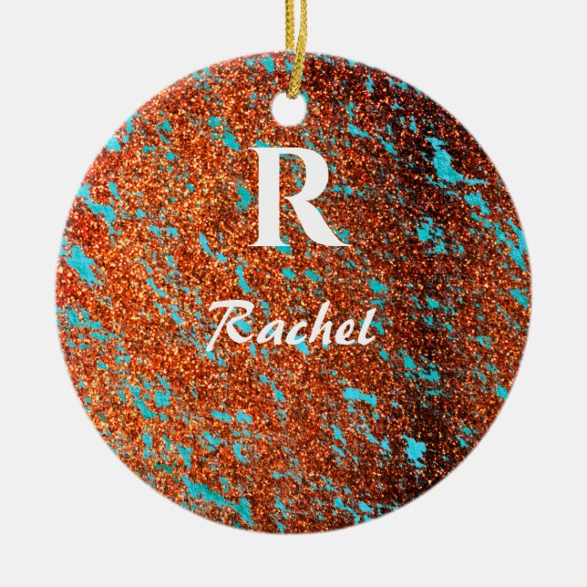 Gold Glitter Teal Blue Monogram Initial Name Cute Ceramic Ornament (Front)
