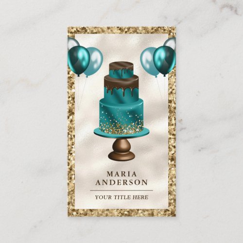 Gold Glitter Teal Cake Balloons Event Planner Business Card