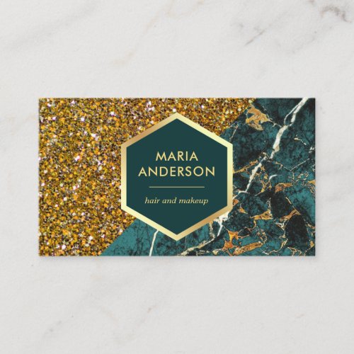 Gold Glitter Teal Green Marble Makeup Artist Business Card