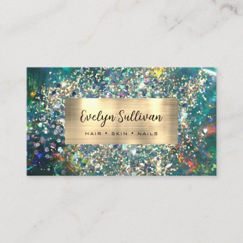Gold glitter teal opal business card