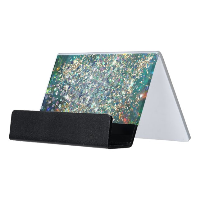 Gold Glitter Teal Opal Desk Business Card Holder (Angled Front)