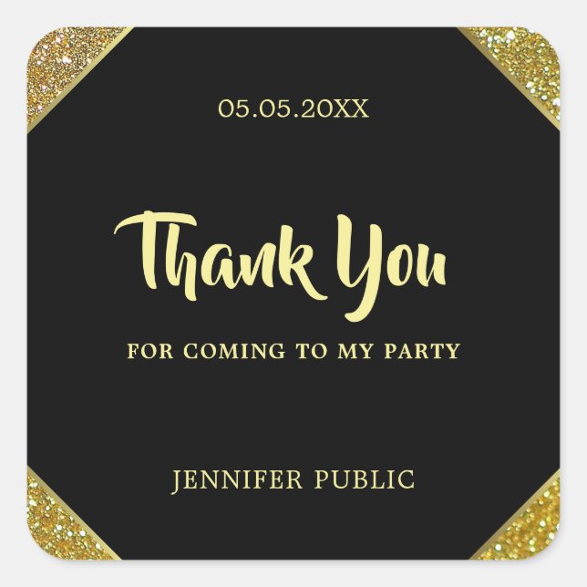 Gold Glitter Template Thank You Hand Script Text Square Sticker (Front)