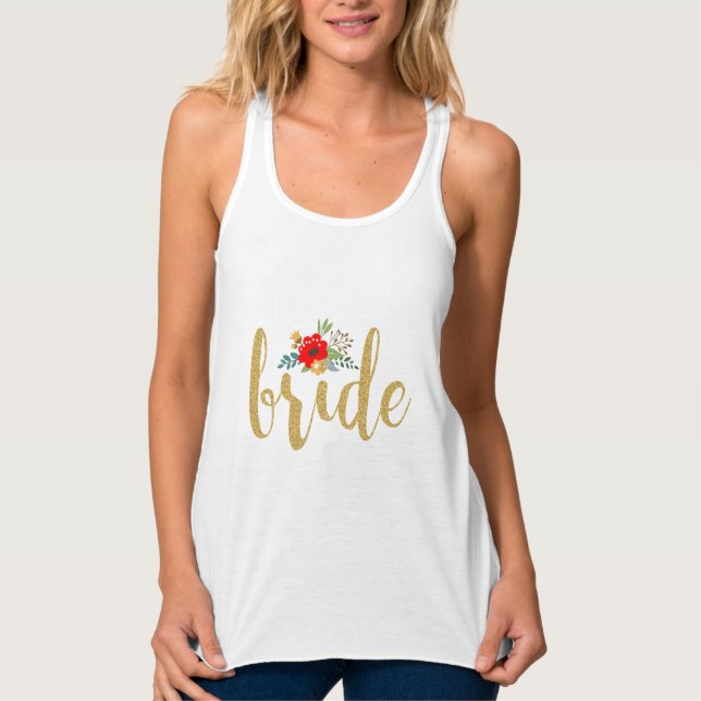 Gold Glitter Texture Text Bride Floral Accent Tank Top (Front)