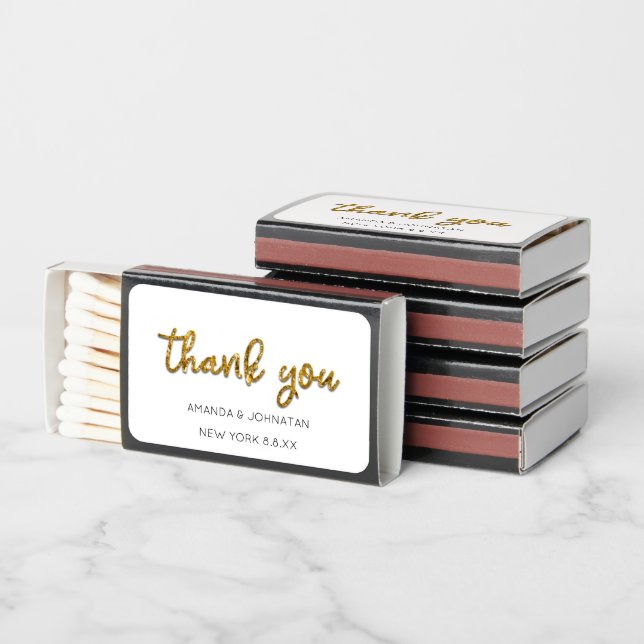 Gold Glitter Thank You Name White Date Matchboxes (Stacked)