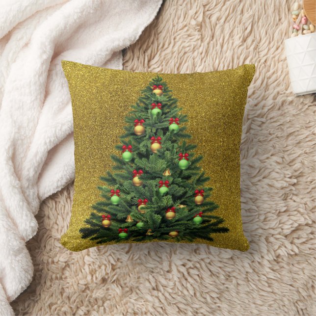 Gold Glitter Throw Pillow with Christmas Tree (Blanket)