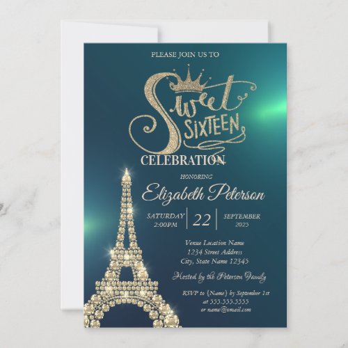 Gold Glitter Tiara, Diamonds Eiffel Tower Green  Invitation