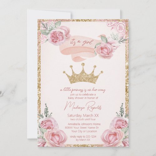 Gold Glitter Tiara Pink Princess Baby Shower Invitation