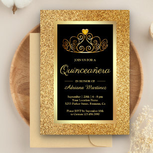 Gold Glitter Tiara Princess Black Quinceanera Invitation