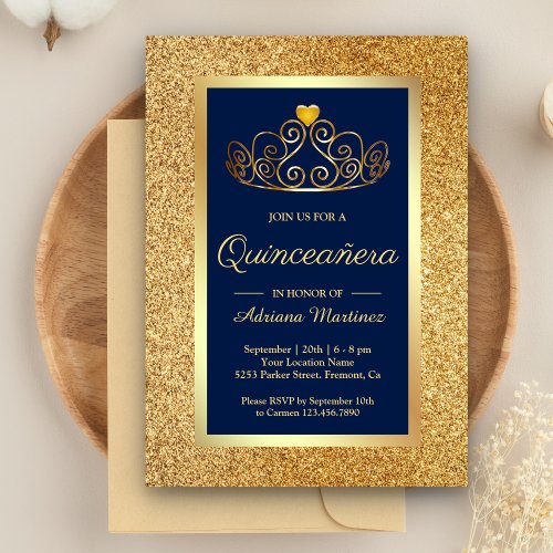 Gold Glitter Tiara Princess Blue Quinceanera Invitation