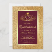 Gold Glitter Tiara Princess Burgundy Quinceanera Invitation (Front)