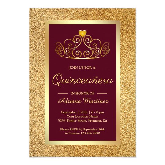 Gold Glitter Tiara Princess Burgundy Quinceanera Invitation | Zazzle.com