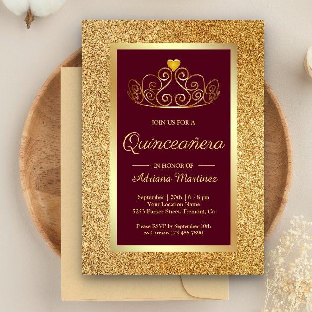 Gold Glitter Tiara Princess Burgundy Quinceanera Invitation