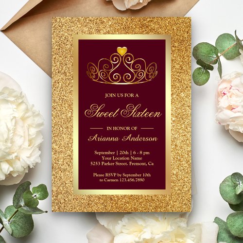 Gold Glitter Tiara Princess Burgundy Sweet Sixteen Invitation