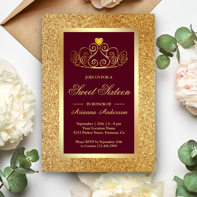 Gold Glitter Tiara Princess Burgundy Sweet Sixteen Invitation (Creator Uploaded)