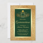 Gold Glitter Tiara Princess Green Quinceanera Invitation (Front)