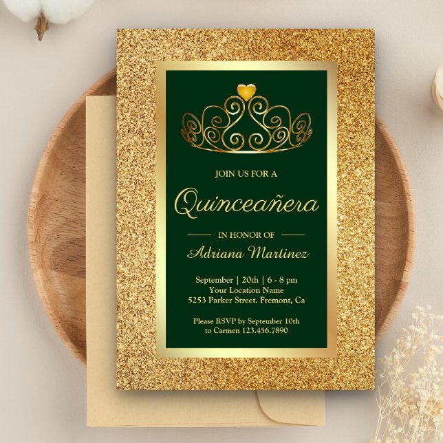 Gold Glitter Tiara Princess Green Quinceanera Invitation
