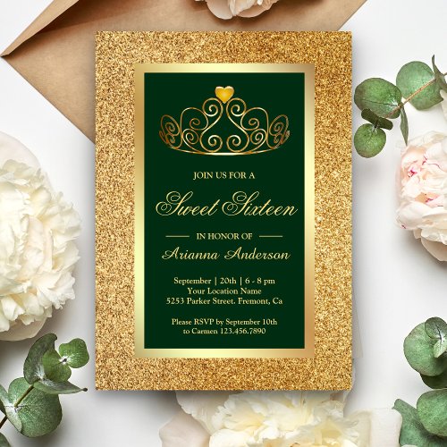 Gold Glitter Tiara Princess Green Sweet Sixteen Invitation
