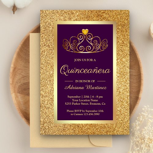 Gold Glitter Tiara Princess Purple Quinceanera Invitation
