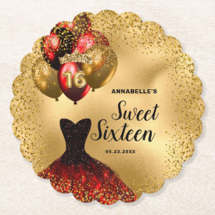 Gold Glitter Tiara Red Dress Sweet 16 Birthday Paper Coaster