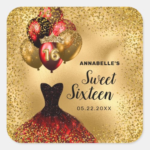 Gold Glitter Tiara Red Dress Sweet 16 Birthday Square Sticker