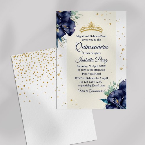 Gold Glitter Tiara Royal Blue Floral Quinceanera Invitation