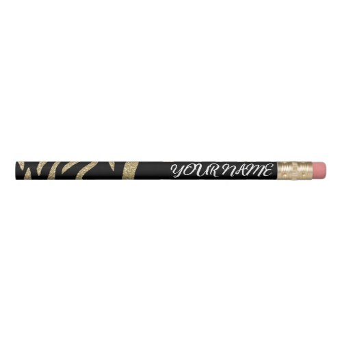Gold Glitter Tiger Stripes Custom Name on Black Pencil