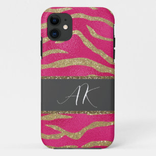 Gold Glitter Tiger Stripes & Initials on Hot Pink iPhone 11 Case