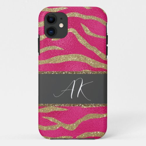 Gold Glitter Tiger Stripes  Initials on Hot Pink iPhone 11 Case