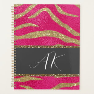 Gold Glitter Tiger Stripes & Initials on Hot Pink Planner