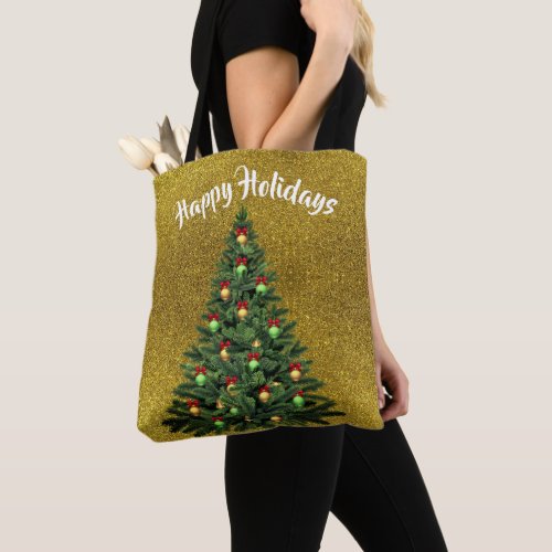 Gold Glitter Tote Bag with Christmas Tree