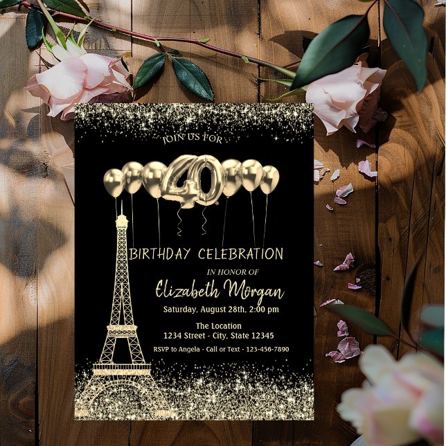 Gold Glitter Tower Confetti Balloons 40th Birthday Invitation (Creator Uploaded)
