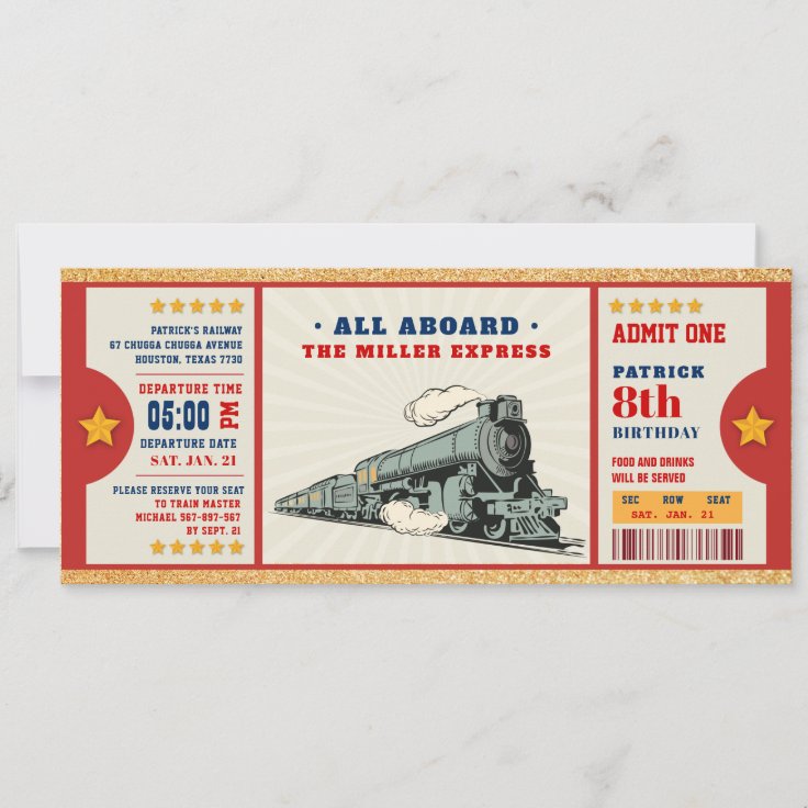 Gold Glitter Train Ticket Birthday Boarding Pass Invitation | Zazzle