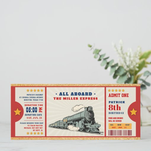 Gold Glitter Train Ticket Birthday Boarding Pass Invitation | Zazzle