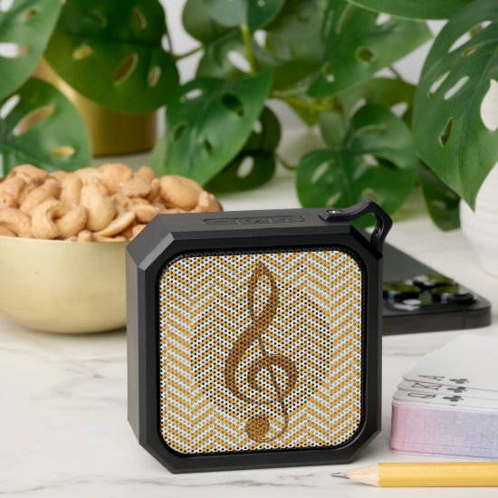 Gold Glitter Treble Clef on Yellow Chevron Bluetooth Speaker