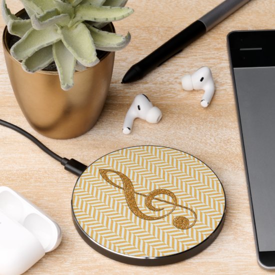 Gold Glitter Treble Clef on Yellow Chevron Wireless Charger