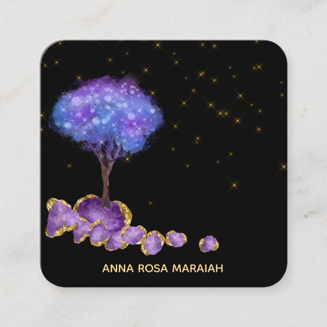 *~* Gold Glitter Tree Amethyst Jewels Magical Square Business Card (Front)