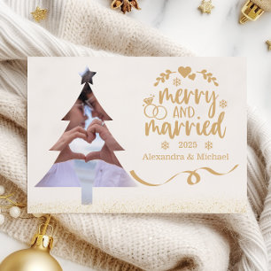 Gold Glitter Tree Photo Merry & Married Holiday Card