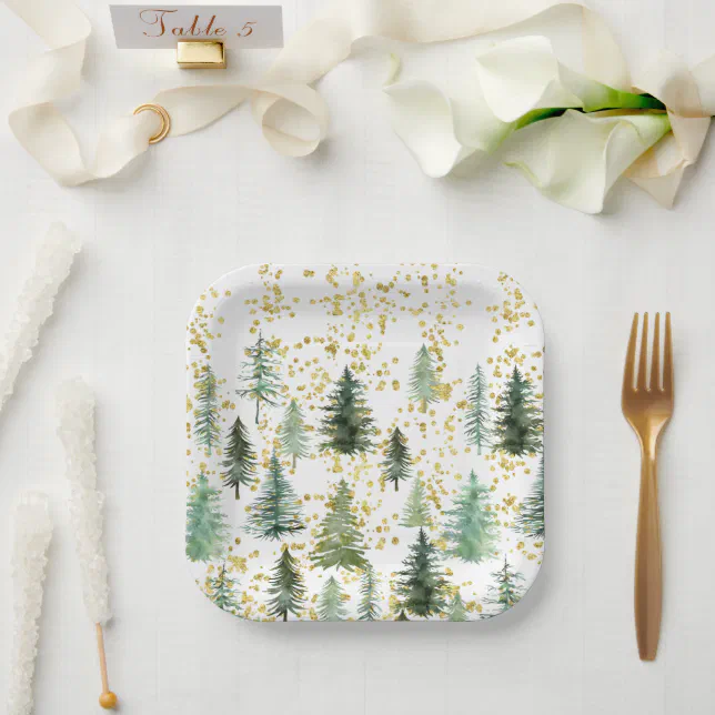 Gold Tree Plate Gold Glitter Trees Christmas Paper Plate | Zazzle