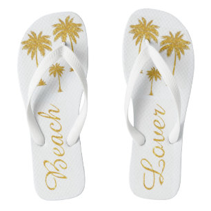 Gold Glitter Tropical Beach Lover White Flip Flops