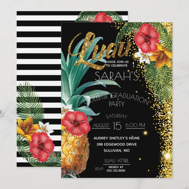 Gold Glitter Tropical Flowers Graduation Party Invitation (Front/Back)