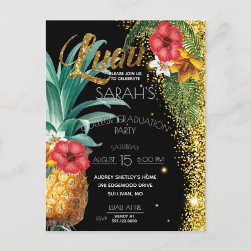 Gold Glitter Tropical Flowers Graduation Party Postcard