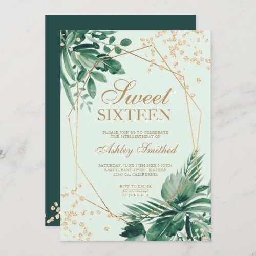 Gold glitter tropical green watercolor Sweet 16 Invitation