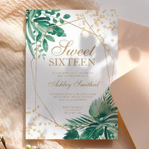 Gold glitter tropical green watercolor Sweet 16 Invitation