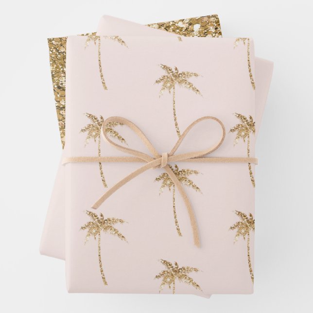 Gold Glitter Tropical Palm Tree Wrapping Paper Sheets (In situ)